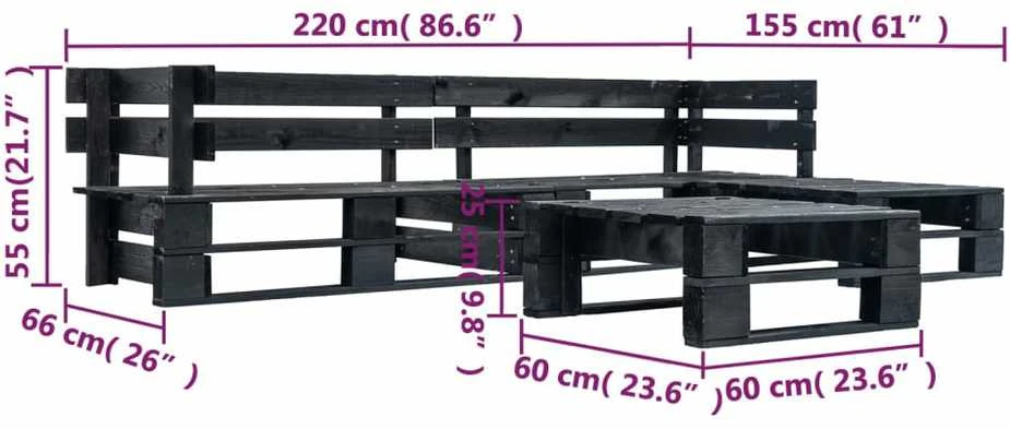 Lauko baldų komplektas Sodo komplektas iš palečių, 4 dalių, juodos spalvos, mediena
