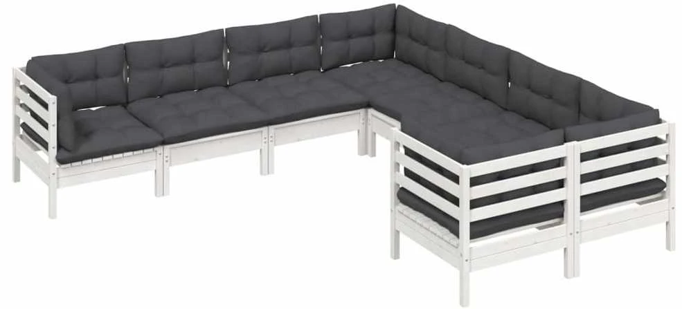 Lauko baldų komplektas Sodo komplektas su pagalvėmis, 8 dalių, baltas, pušies masyvas