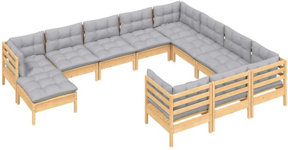 Sodo komplektas su pilkomis pagalvėmis, 11 dalių, pušis