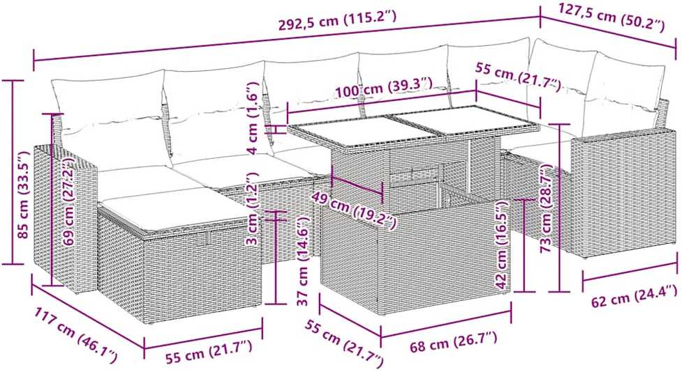 Lauko baldų komplektas Sodo komplektas su pagalvėlėmis, 8 dalių, poliratanas/akacija