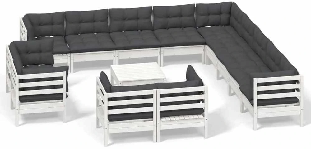 Lauko baldų komplektas Sodo komplektas su pagalvėmis, 14 dalių, baltas, pušies masyvas