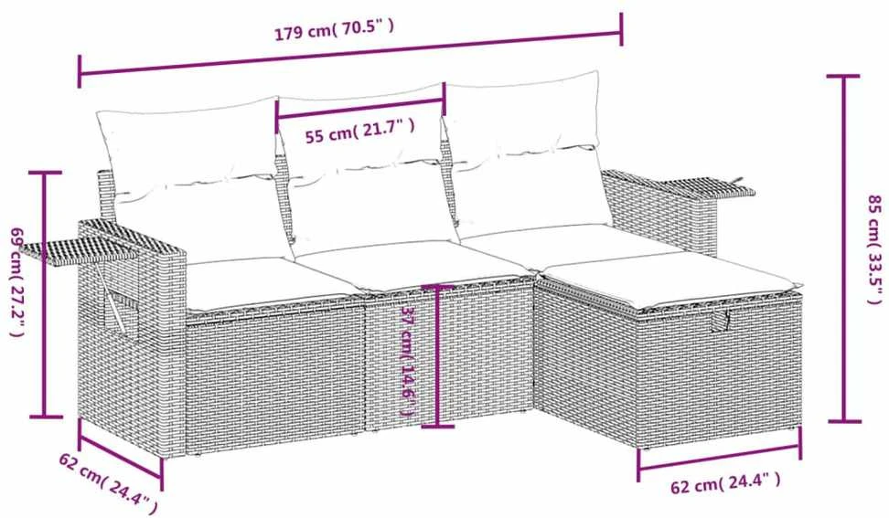 Lauko baldų komplektas Sodo komplektas su pagalvėlėmis, 4 dalių, pilkas, poliratanas