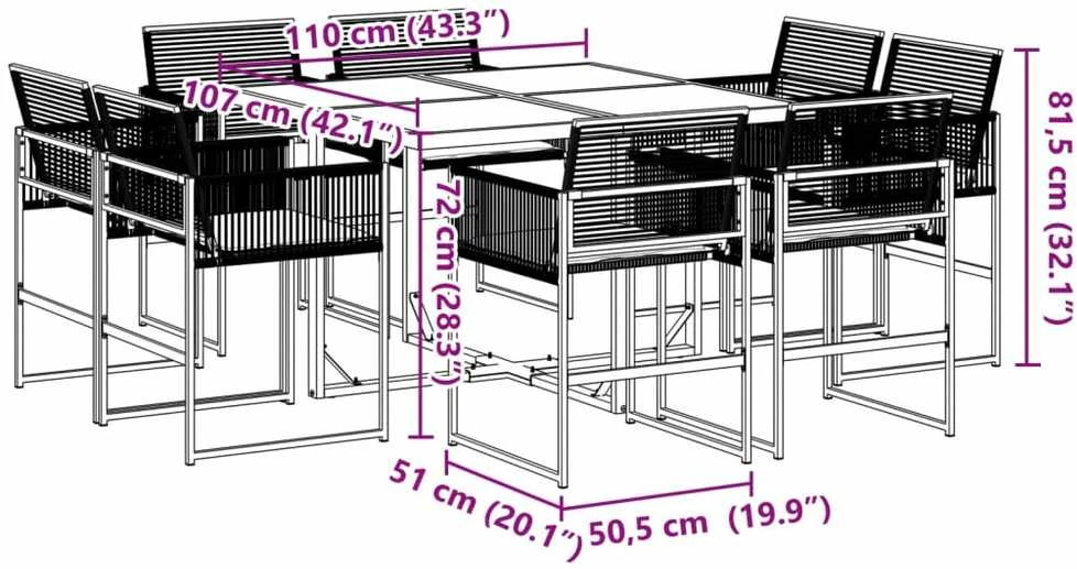 Lauko baldų komplektas Sodo komplektas su pagalvėlėmis, 9 dalių, juodas, poliratanas