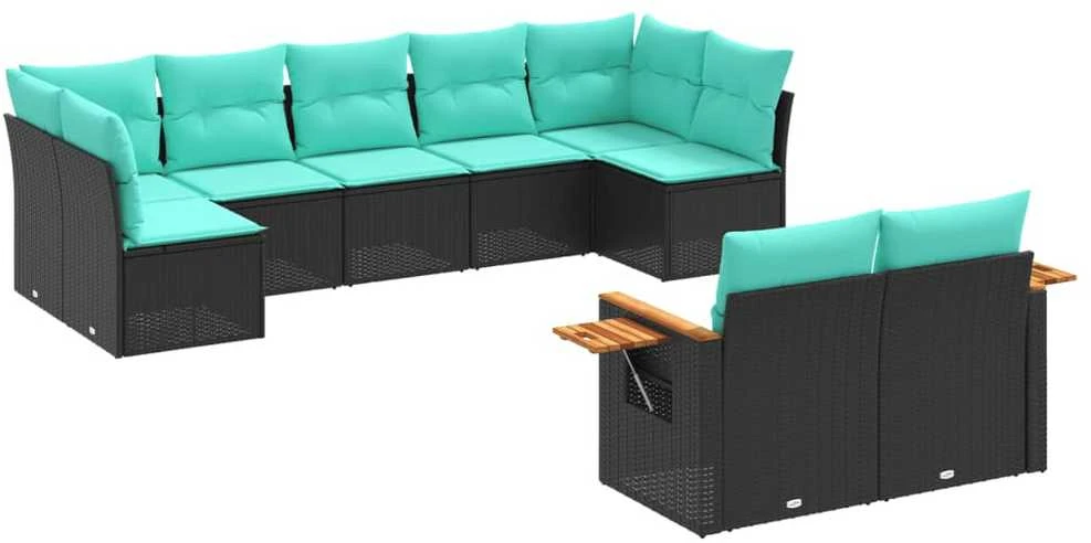 Sofa Sofos komplektas su pagalvėlėmis, 9 dalių, juodas, poliratanas