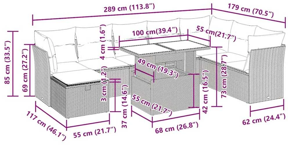 Lauko baldų komplektas Sodo komplektas su pagalvėlėmis, 9 dalių, juodas, poliratanas