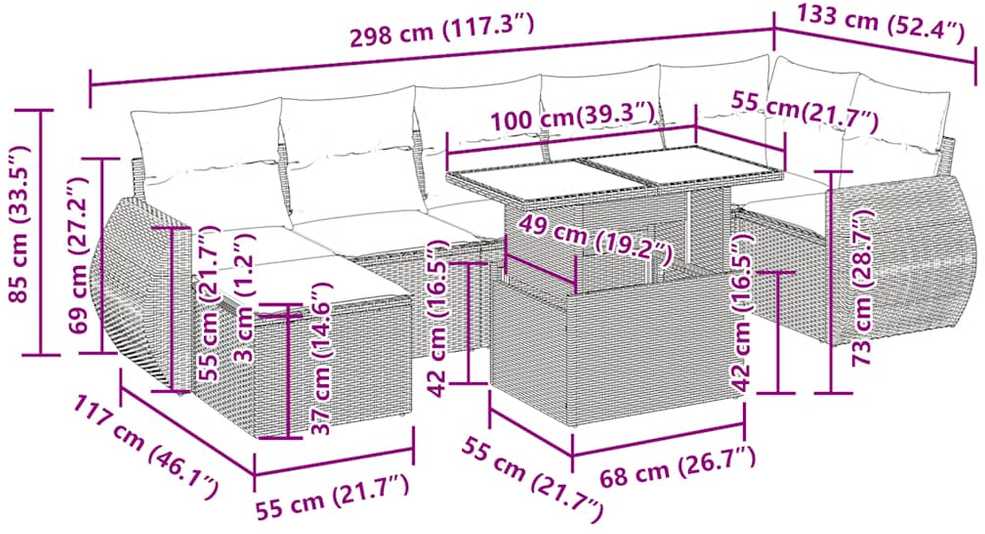 Lauko baldų komplektas Sodo komplektas su pagalvėlėmis, 8 dalių, poliratanas/akacija