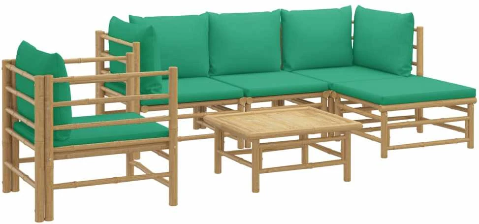 Lauko baldų komplektas Sodo komplektas su žaliomis pagalvėlėmis, 6 dalių, bambukas