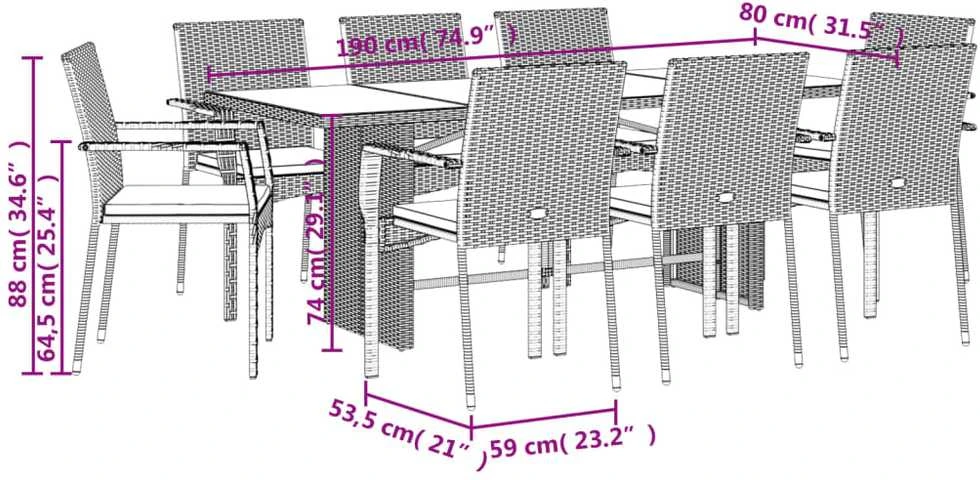 Lauko baldų komplektas Sodo komplektas su pagalvėlėmis, 9 dalių, pilkas, poliratanas
