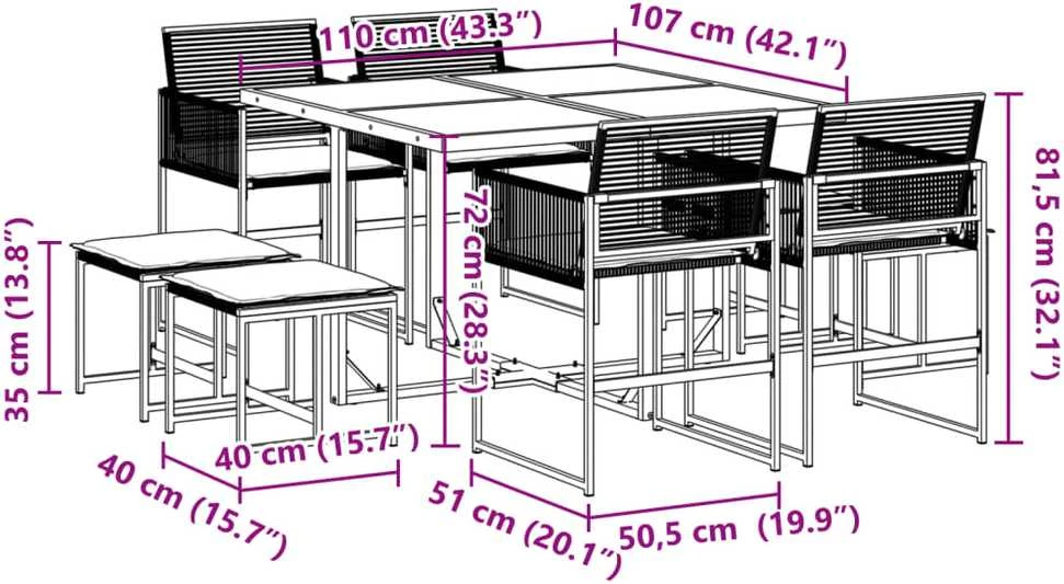 Lauko baldų komplektas Sodo komplektas su pagalvėlėmis, 9 dalių, juodas, poliratanas