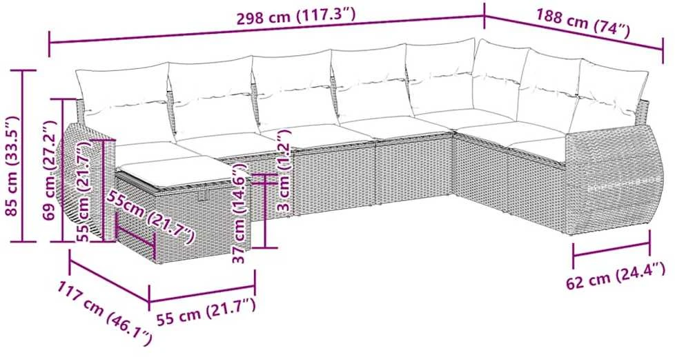 Lauko baldų komplektas Sodo komplektas su pagalvėlėmis, 8 dalių, rudas, poliratanas