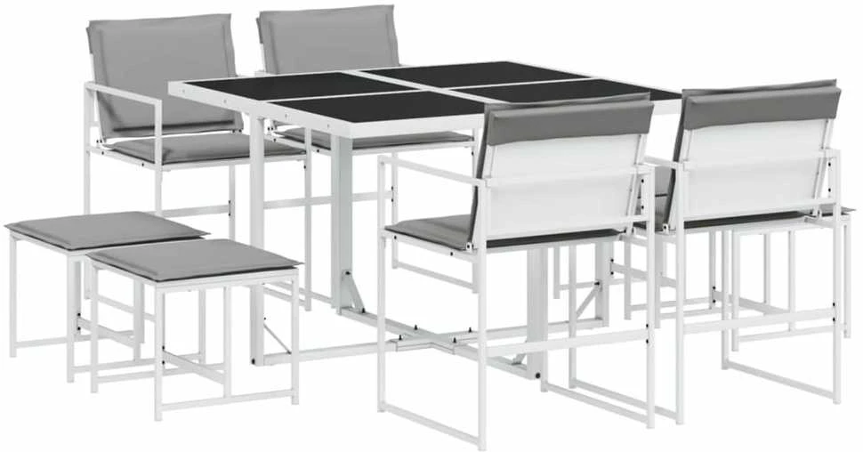 Lauko baldų komplektas Sodo komplektas su pagalvėlėmis, 9 dalių, baltas, tekstilenas