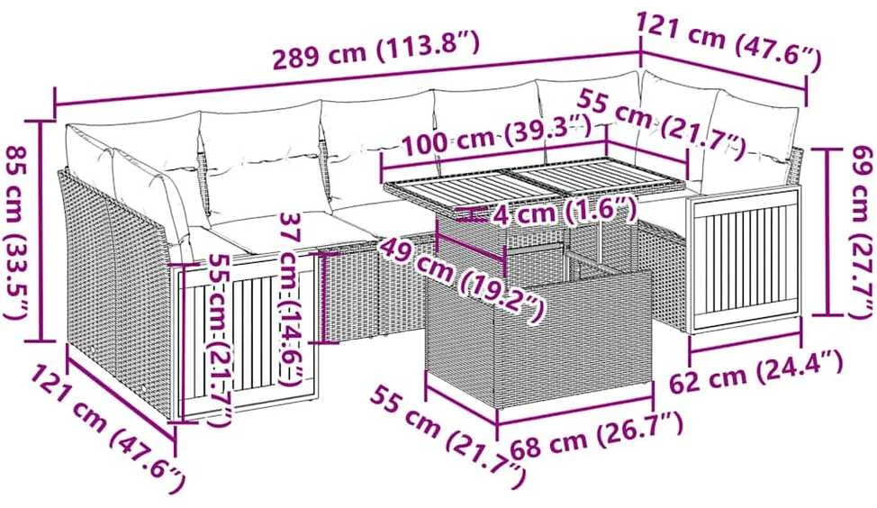 Lauko baldų komplektas Sodo komplektas su pagalvėlėmis, 10 dalių, poliratanas/akacija