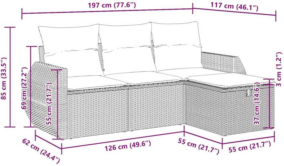 Lauko baldų komplektas Sodo komplektas su pagalvėlėmis, 4 dalių, juodas, poliratanas