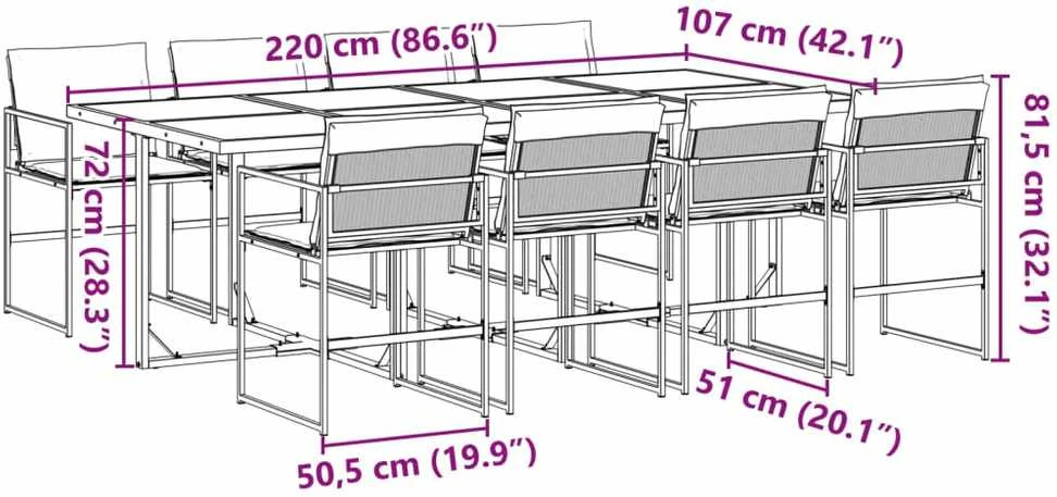 Lauko baldų komplektas Sodo komplektas su pagalvėlėmis, 9 dalių, juodas, tekstilenas