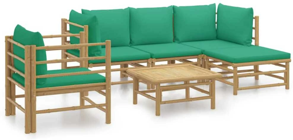 Lauko baldų komplektas Sodo komplektas su žaliomis pagalvėlėmis, 6 dalių, bambukas