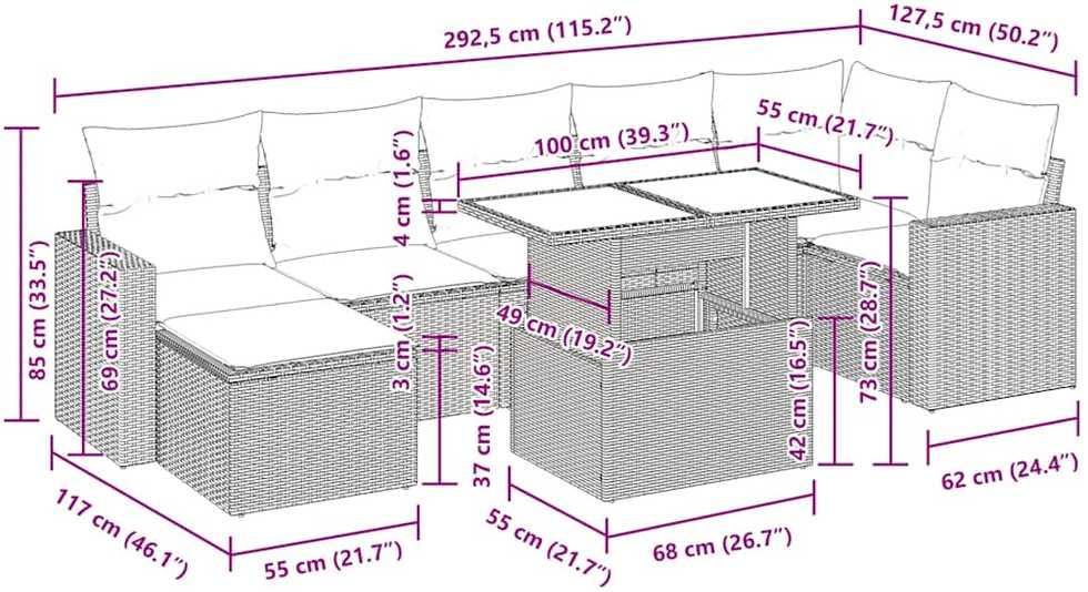Lauko baldų komplektas Sodo komplektas su pagalvėlėmis, 8 dalių, poliratanas/akacija