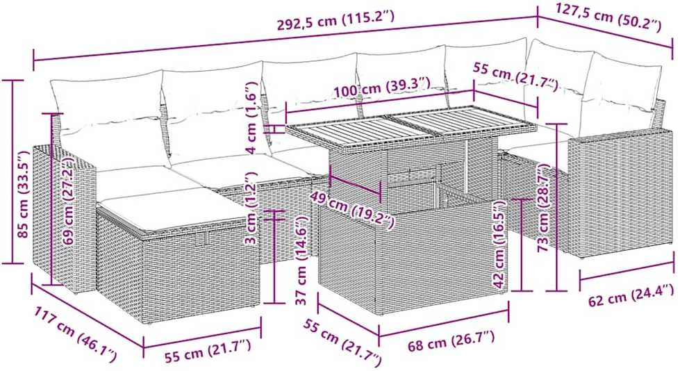 Lauko baldų komplektas Sodo komplektas su pagalvėlėmis, 8 dalių, poliratanas/akacija