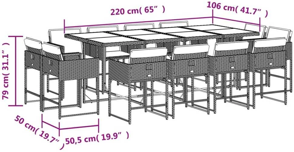 Lauko baldų komplektas Sodo komplektas su pagalvėlėmis, 13 dalių, pilkas, poliratanas
