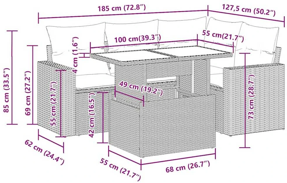 Lauko baldų komplektas Sodo komplektas su pagalvėlėmis, 5 dalių, poliratanas/akacija