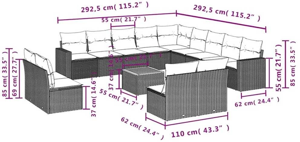 Lauko baldų komplektas Sodo komplektas su pagalvėlėmis, 14 dalių, juodas, poliratanas