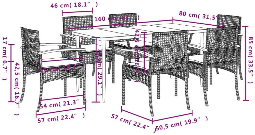 Lauko baldų komplektas Sodo komplektas su pagalvėlėmis, 7 dalių, juodas, poliratanas
