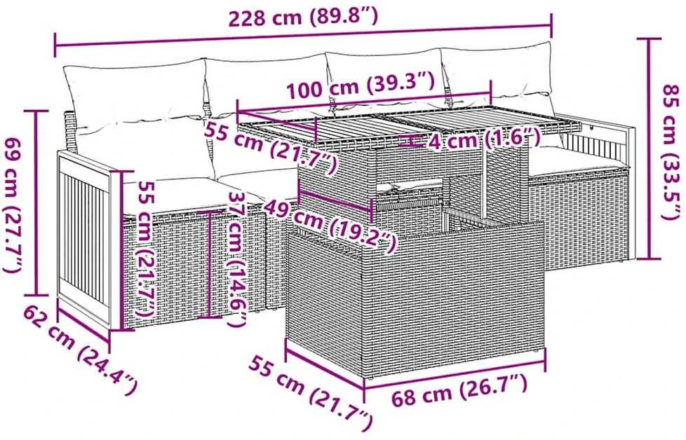 Lauko baldų komplektas Sodo komplektas su pagalvėlėmis, 5 dalių, poliratanas/akacija