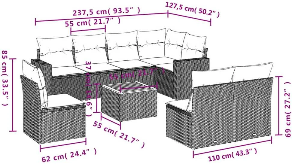 Sodo komplektas su pagalvėlėmis, 9 dalių, juodas, poliratanas