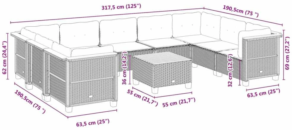 Lauko baldų komplektas Sodo komplektas su pagalvėlėmis, 10 dalių, juodas, poliratanas