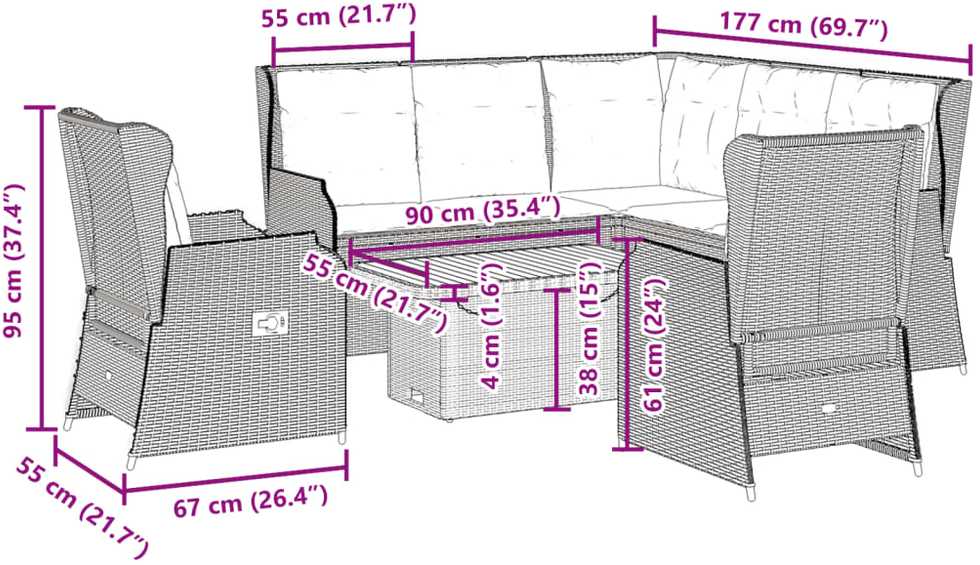 Sodo komplektas su pagalvėlėmis, 6 dalių, juodas, poliratanas