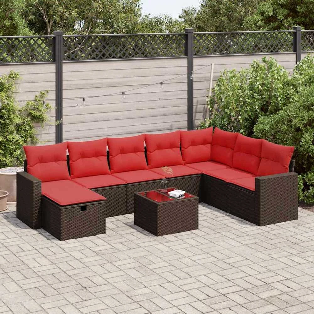 Sodo komplektas su pagalvėlėmis, 9 dalių, rudas, poliratanas