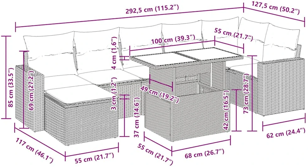 Sodo komplektas su pagalvėlėmis, 8 dalių, poliratanas/akacija