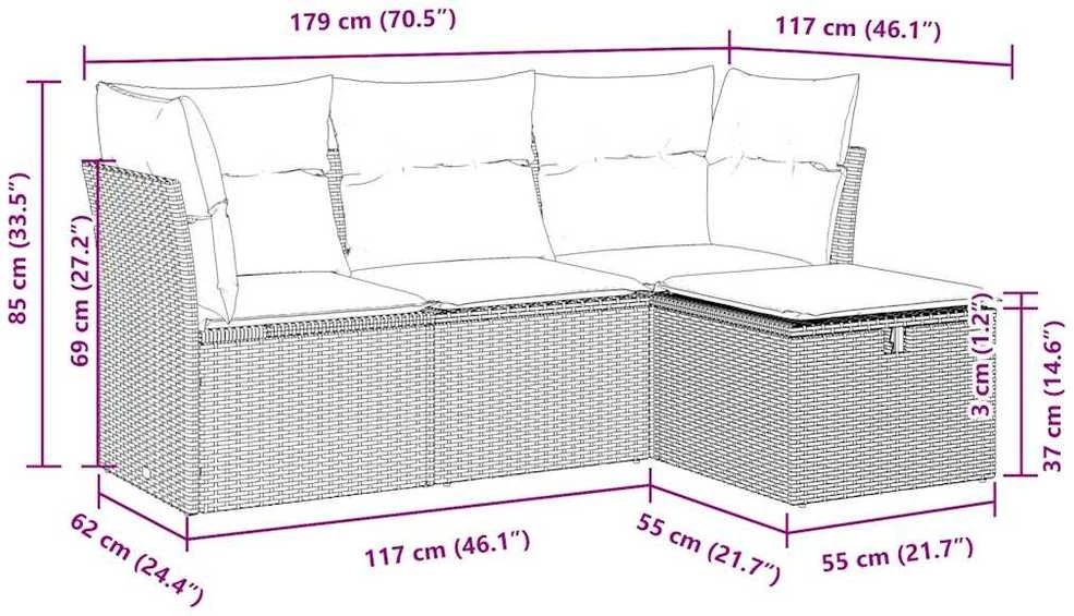 Lauko baldų komplektas Sodo komplektas su pagalvėlėmis, 4 dalių, pilkas, poliratanas
