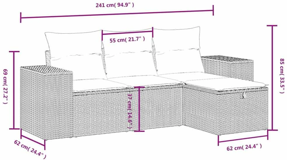 Lauko baldų komplektas Sodo komplektas su pagalvėlėmis, 4 dalių, pilkas, poliratanas