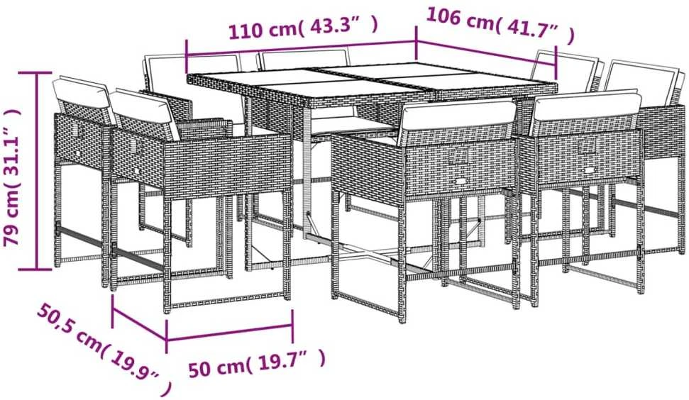 Lauko baldų komplektas Sodo komplektas su pagalvėlėmis, 9 dalių, juodas, poliratanas