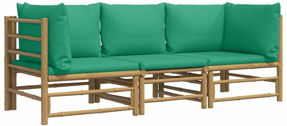 Lauko baldų komplektas Sodo komplektas su žaliomis pagalvėlėmis, 3 dalių, bambukas