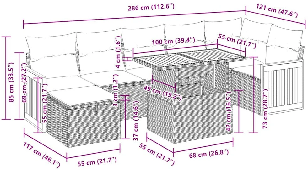Sodo komplektas su pagalvėlėmis, 8 dalių, poliratanas/akacija