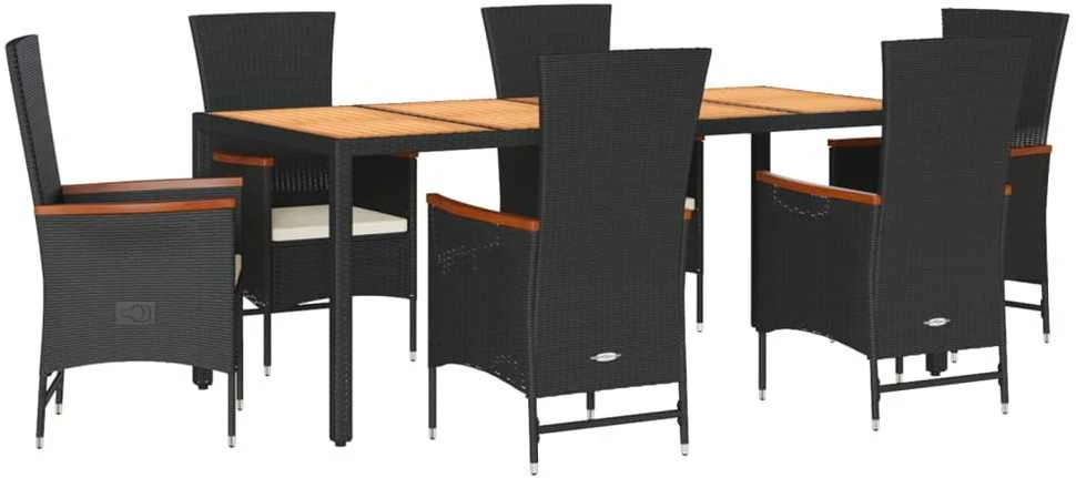 Lauko baldų komplektas Sodo komplektas su pagalvėlėmis, 7 dalių, juodas, poliratanas