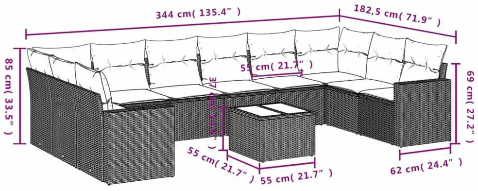 Lauko baldų komplektas Sodo komplektas su pagalvėlėmis, 11 dalių, pilkas, poliratanas