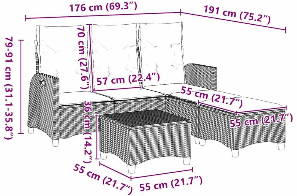 Sodo komplektas su pagalvėlėmis L formos, 3 dalių, poliratanas