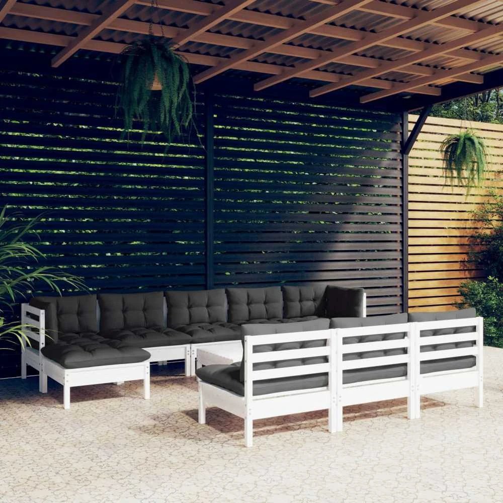Lauko baldų komplektas Sodo komplektas su pagalvėmis, 11 dalių, baltas, pušies masyvas
