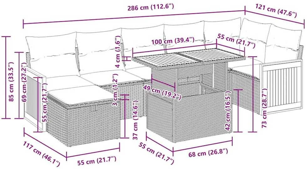 Lauko baldų komplektas Sodo komplektas su pagalvėlėmis, 8 dalių, poliratanas/akacija