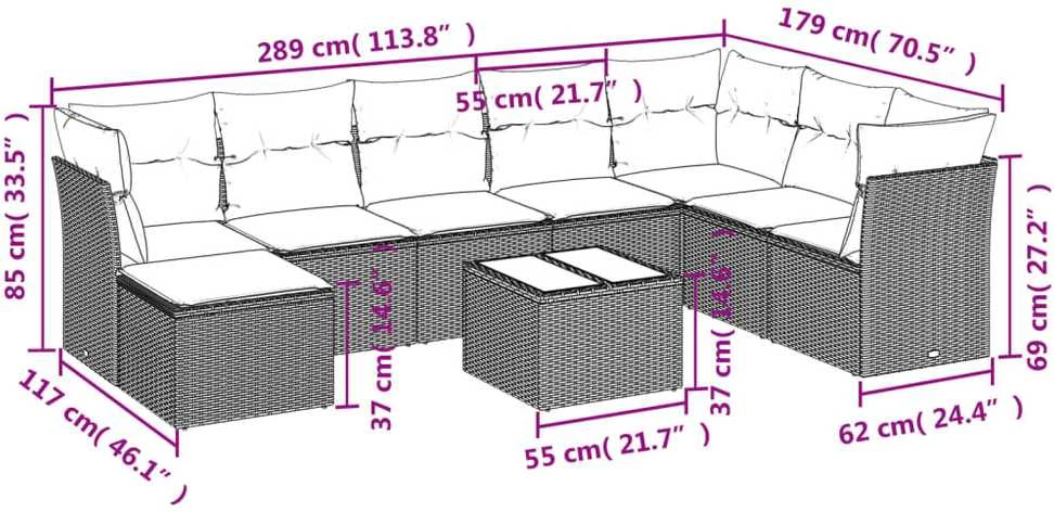 Lauko baldų komplektas Sodo komplektas su pagalvėlėmis, 9 dalių, juodas, poliratanas
