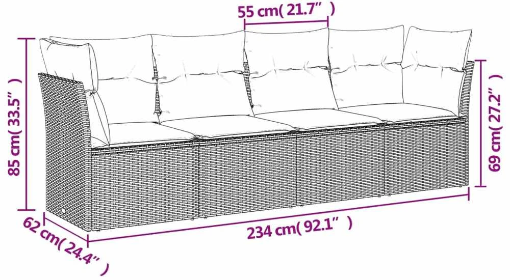Lauko baldų komplektas Sodo komplektas su pagalvėlėmis, 4 dalių, pilkas, poliratanas