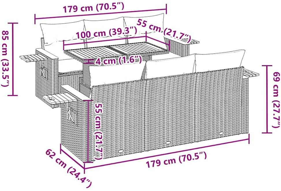 Sofa Sodo komplektas su pagalvėlėmis, 7 dalių, poliratanas/akacija