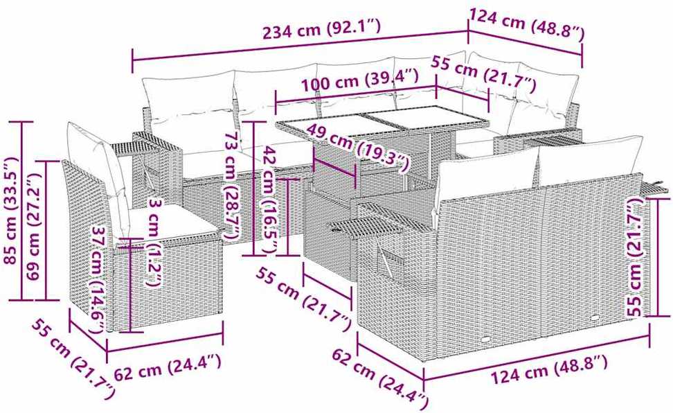 Lauko baldų komplektas Sodo komplektas su pagalvėlėmis, 9 dalių, poliratanas/akacija
