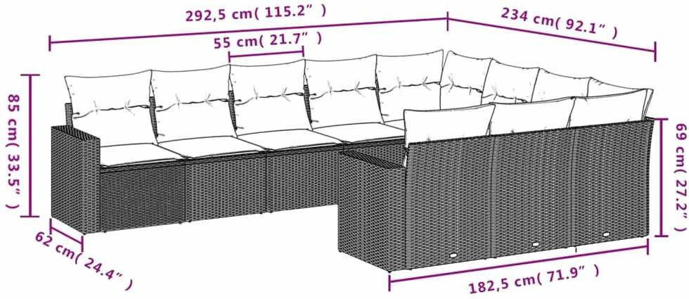 Lauko baldų komplektas Sodo komplektas su pagalvėlėmis, 10 dalių, rudas, poliratanas