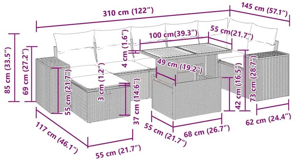 Lauko baldų komplektas Sodo komplektas su pagalvėlėmis, 8 dalių, poliratanas/akacija