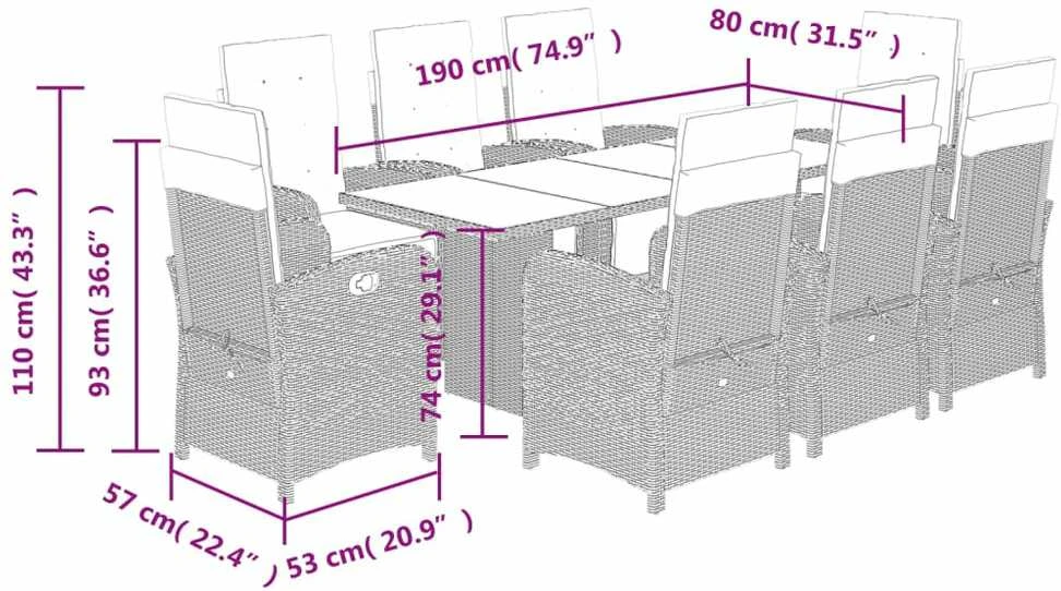 Lauko baldų komplektas Sodo komplektas su pagalvėlėmis, 9 dalių, juodas, poliratanas