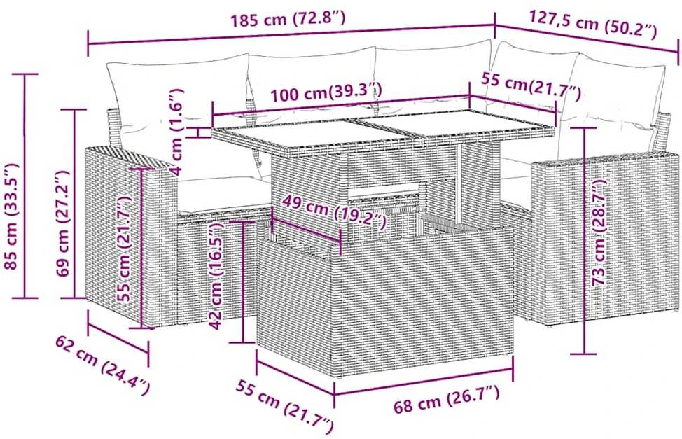 Lauko baldų komplektas Sodo komplektas su pagalvėlėmis, 5 dalių, poliratanas/akacija