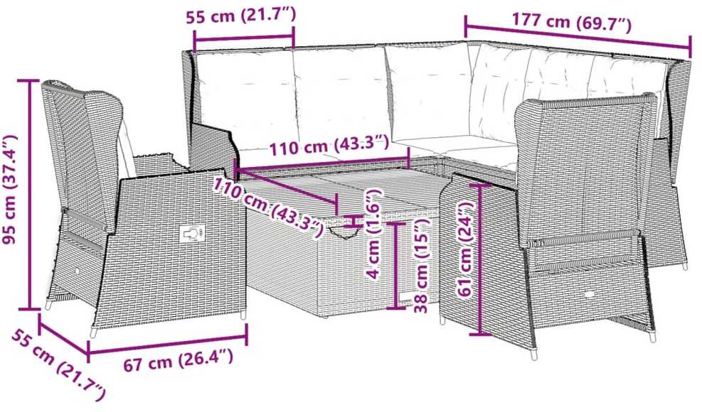 Sodo komplektas su pagalvėlėmis, 6 dalių, juodas, poliratanas